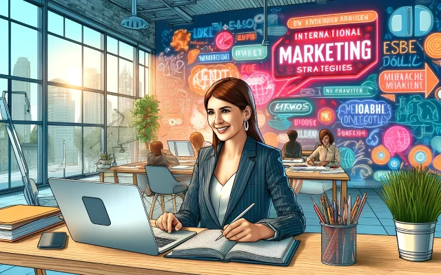 Une femme professionnelle travaille sur un ordinateur portable dans un bureau marketing