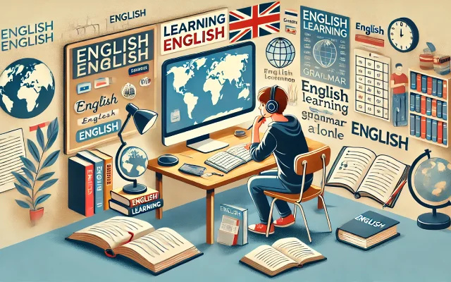 Un jeune étudiant qui apprend l'anglais devant son ordinateur