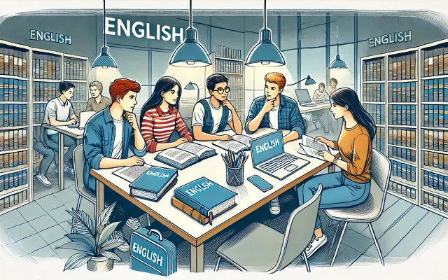 Groupe d'étudiants étudiant l'anglais dans une bibliothèque moderne