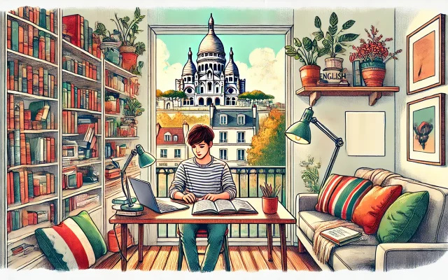 Jeune homme travaillant sur des concepts tels que les compléments d'agent en anglais dans un appartement lumineux à Paris