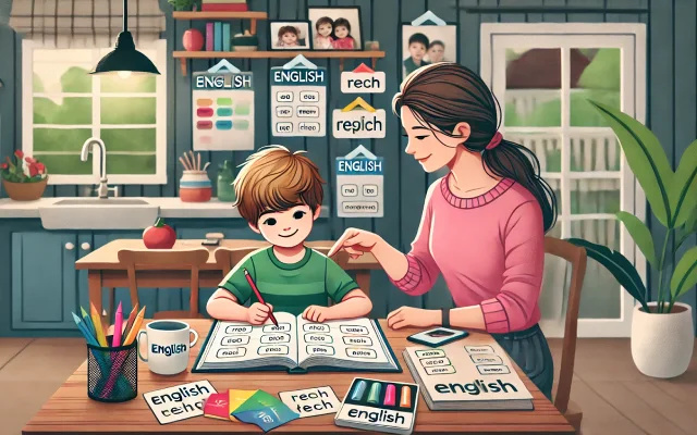 Un enfant qui apprend l'anglais avec sa mère