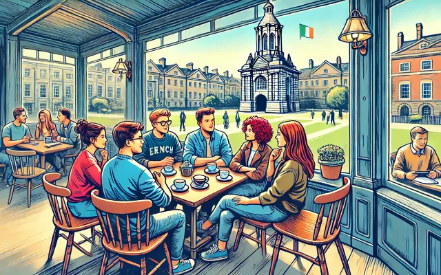 Des jeunes étudiants dans un café à Dublin, discutant et étudiant l'anglais avec vue sur le Trinity College