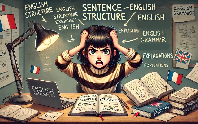 Un jeune homme énervé travail sur la structure des phrases en anglais