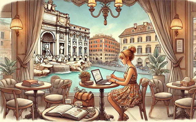 Jeune femme blonde étudiant avec un ordinateur portable dans un café élégant à Rome, avec vue sur la fontaine de Trevi