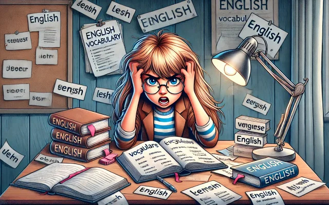 Une étudiante stressée entourée de livres et de notes éparpillées sur le vocabulaire anglais