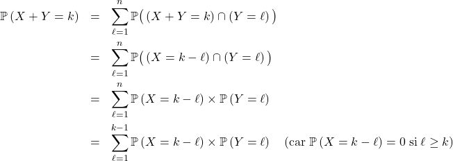 Rendered by QuickLaTeX.com \begin{eqnarray*} \mathbb{P} \left( X + Y = k \right) &=& \sum_{\ell=1}^n \mathbb{P} \big( \left( X + Y = k \right) \cap \left( Y = \ell \right) \big) \\ &=& \sum_{\ell=1}^n \mathbb{P} \big(\left( X = k - \ell \right) \cap \left( Y = \ell \right)\big) \\ &=& \sum_{\ell=1}^n \mathbb{P} \left( X = k - \ell \right) \times \mathbb{P} \left( Y = \ell \right) \\ &=& \sum_{\ell=1}^{k - 1} \mathbb{P} \left( X = k - \ell \right) \times \mathbb{P} \left( Y = \ell \right) \quad (\text{car} \; \mathbb{P} \left( X = k- \ell \right) = 0 \; \text{si} \; \ell \ge k ) \end{eqnarray*}