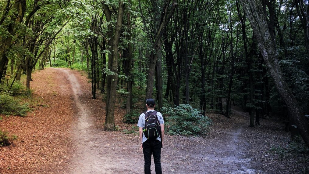 existentialisme : homme dans une forêt qui doit choisir un chemin