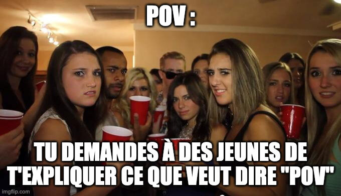 meme : pov tu demandes à des jeunes de t'expliquer ce que veut dire POV avec une foule de jeune outrée à une fete avec des gobelets rouges